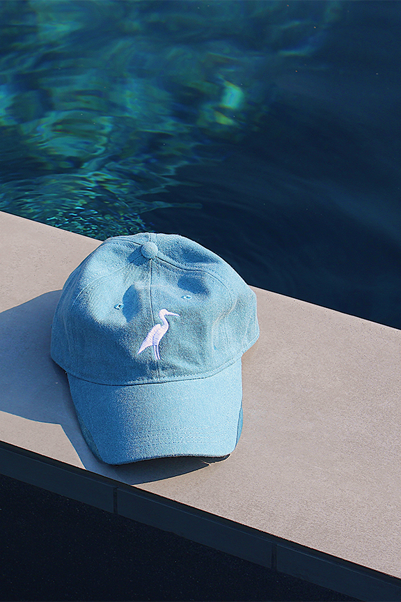 Blue cap with a bird design on a ledge by a pool